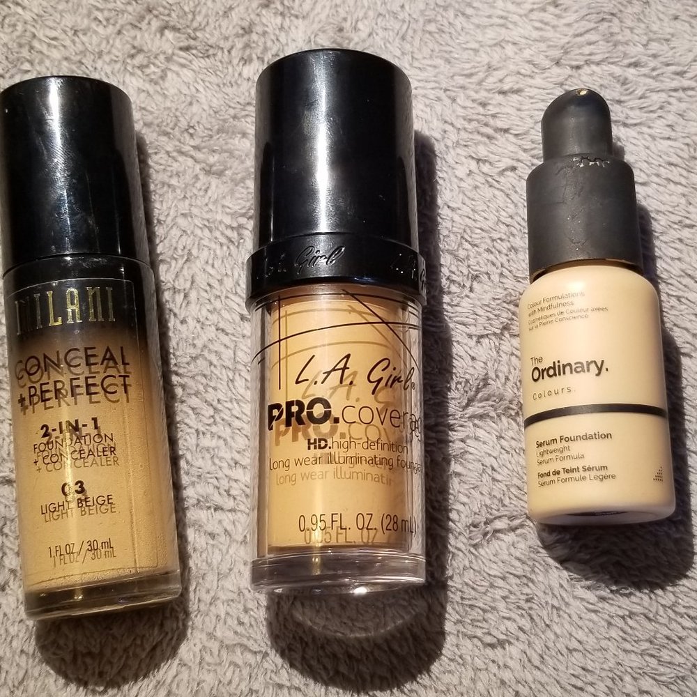 5 foundations: MAC, NYX, Milani, Ordinary, LA Girl